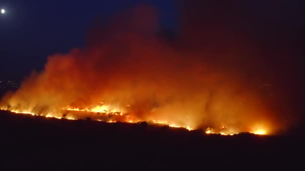 Llamas de fuego forestal masivo, vista aérea por la noche. Incendios naturales en estación seca — Vídeos de Stock