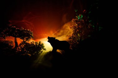 Horror view of big bear in forest at night. Angry bear behind the fire cloudy sky. The silhouette of a bear in foggy forest dark background clipart