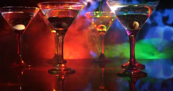 Several Glasses Famous Cocktail Martini Shot Bar Dark Toned Foggy — Stock Video