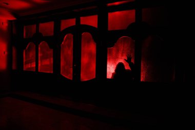 Kapalı cam bir kapıdan geçen, bilinmeyen bir gölge figürünün silueti. Geceleri pencerenin önündeki bir insanın silueti. Manyağın bulanık silueti korkunç cadılar bayramı konsepti.