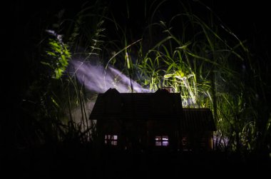 Eski ev mehtaplı gece bir hayalet veya siste perili korku evi terk etti. Gerçeküstü büyük dolunay ile eski mistik villa. Korku Cadılar Bayramı kavramı. Seçici odak