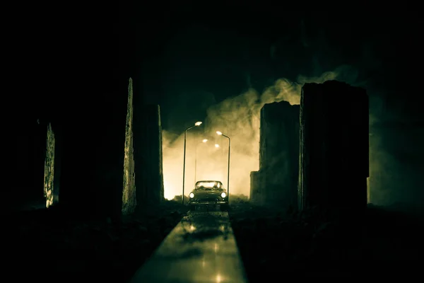 Empty Street Burnt City Flames Ground Blasts Smoke Distance Apocalyptic — Stock Photo, Image