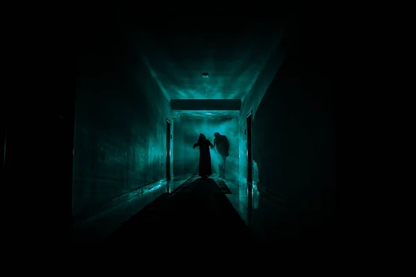 Creepy Silhouette Dark Abandoned Building Horror Maniac Concept Dark Corridor — Stock Photo, Image