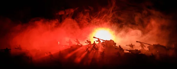 Kriegskonzept Militärische Silhouetten Kampfszene Auf Kriegsnebel Himmel Hintergrund Weltkrieg Soldaten — Stockfoto