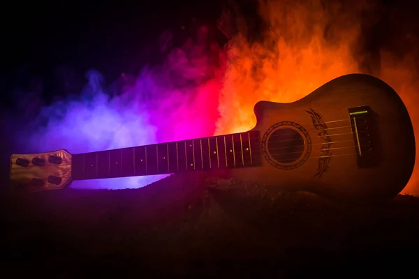 Music Concept Acoustic Guitar Isolated Dark Background Beam Light Smoke — Stock Photo, Image