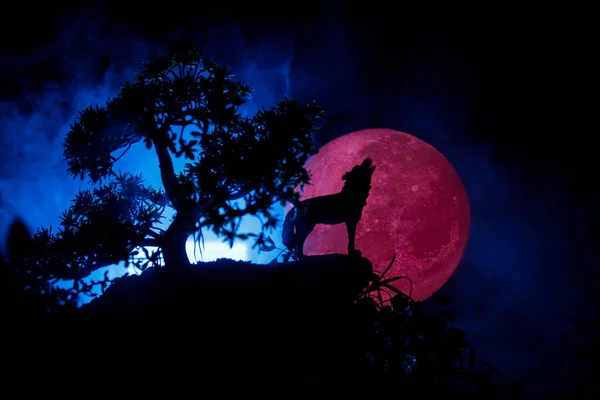 어둠에 늑대의 실루엣 보름달 실루엣 보름달 할로윈 개념입니다 선택적 — 스톡 사진