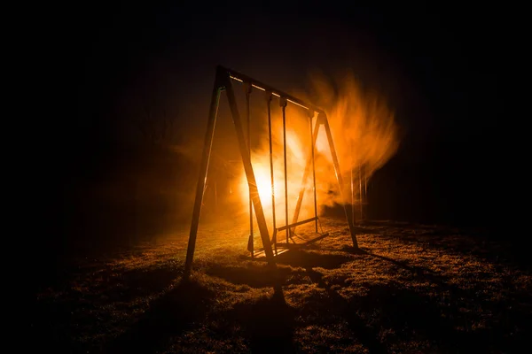 Night Photo Metal Swing Standing Outdoor Night Time Fog Surreal — Stock Photo, Image