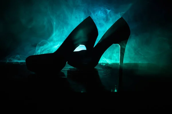 Black Suede High Heel Women Shoes Dark Toned Foggy Background — Stock Photo, Image