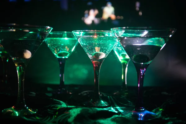 Several Glasses Famous Cocktail Martini Shot Bar Dark Toned Foggy — Stock Photo, Image