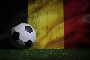Futbol 2018. Yaratıcı kavramı. Yeşil çimenlerin üzerinde futbol topu. Destek Belçika takım kavramı. Seçici odak
