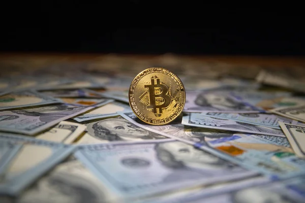 Bitcoin New Virtual Money Coin Dollars Close Selective Focus Digital — Stock Photo, Image