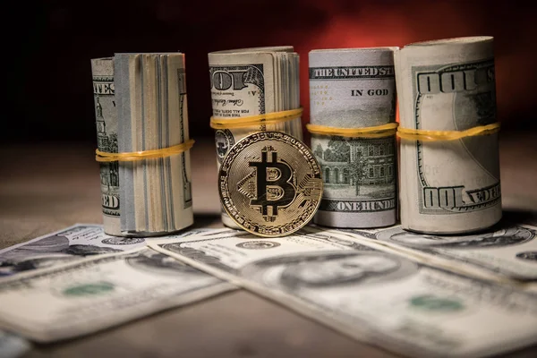 Bitcoin New Virtual Money Coin Rolled Dollars Dark Toned Foggy — Stock Photo, Image