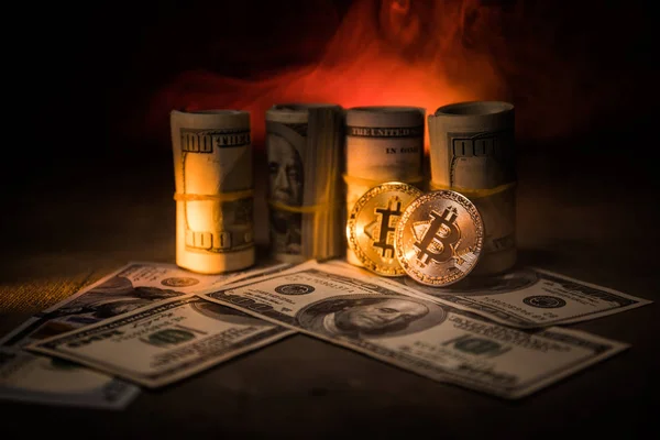 Bitcoin New Virtual Money Coin Rolled Dollars Dark Toned Foggy — Stock Photo, Image