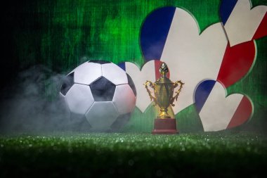 Fransa bayrağı, şampiyon bir altın kupa ve futbol topu çimenlerin üzerinde. Konsept spor. Seçici odak