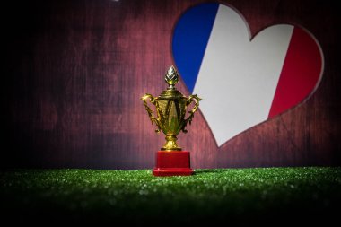 Fransa bayrağı, altın şampiyonun Kupası çimenlerin üzerinde. Konsept spor. Seçici odak
