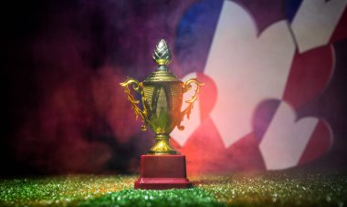 Fransa bayrağı, altın şampiyonun Kupası çimenlerin üzerinde. Konsept spor. Seçici odak