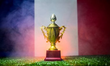 Fransa bayrağı, altın şampiyonun Kupası çimenlerin üzerinde. Konsept spor. Seçici odak