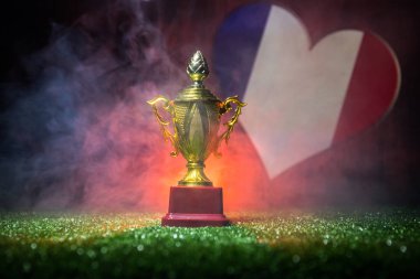 Fransa bayrağı, altın şampiyonun Kupası çimenlerin üzerinde. Konsept spor. Seçici odak