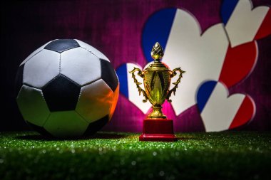 Fransa bayrağı, şampiyon bir altın kupa ve futbol topu çimenlerin üzerinde. Konsept spor. Seçici odak