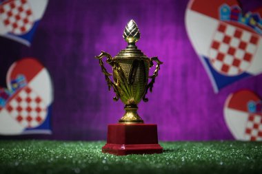 Hırvatistan bayrağı, altın şampiyonun Kupası çimenlerin üzerinde. Konsept spor. Seçici odak