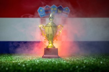 Hırvatistan bayrağı, altın şampiyonun Kupası çimenlerin üzerinde. Konsept spor. Seçici odak