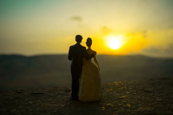 Silhouette Del Matrimonio Coppia Statua Che Tiene Mano Insieme Durante — Foto Stock