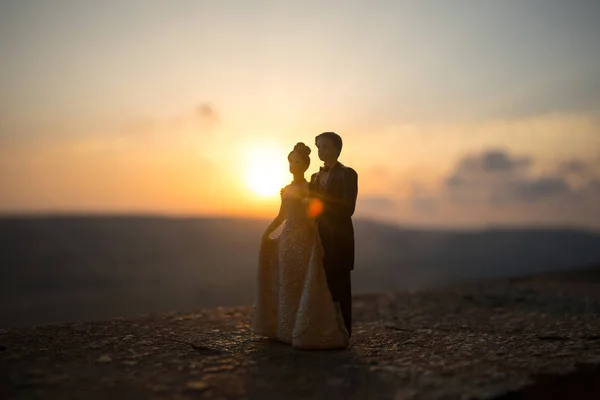 Silhouette Wedding Couple Statue Holding Hand Together Sunset Evening Sky — Stock Photo, Image