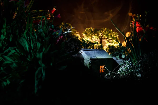 Díszített Fantázia Fénykép Kis Gyönyörű Házban Fény Régi Ház Erdő — Stock Fotó