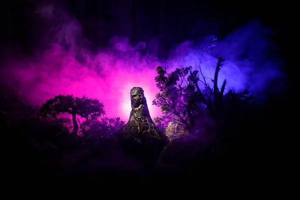 Horror silhouette of scary figure in forest at night. Female demon. Demons coming. Slhouette of devil or monster figure on a background of fire. Horror view