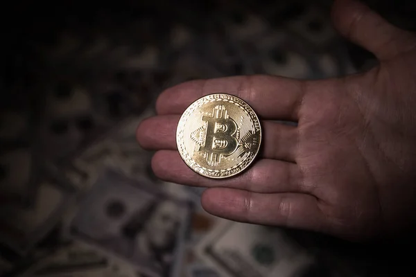 Hand Holding Bitcoin New Virtual Money Coin Dollars Close Selective — Stock Photo, Image