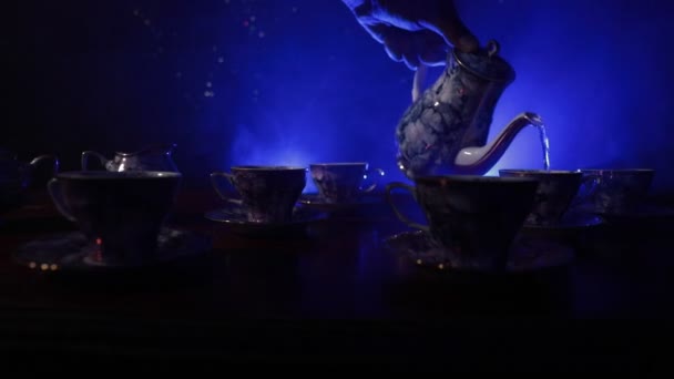 Koffie Thee Ceremonie Conceptuele Thema Oude Vintage Keramische Thee Koffiepot — Stockvideo