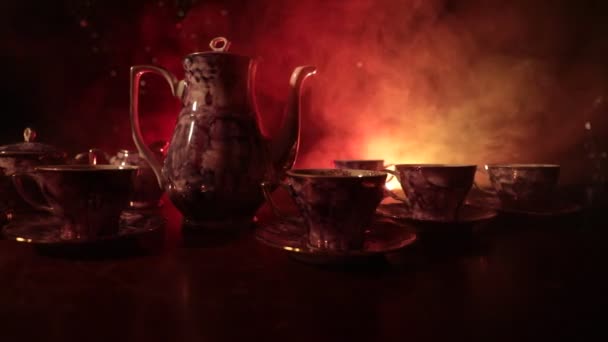 Kaffe Eller Ceremoni Konceptuella Tema Gamla Vintage Keramik Eller Kaffekanna — Stockvideo