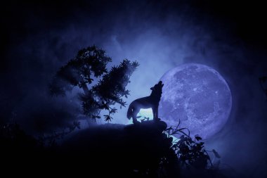 Siluet karanlık karşı uluyan kurt sisli arka plan ve dolunay ya da kurt tam aya inleyen siluet tonda. Halloween korku kavramı. Seçici odak