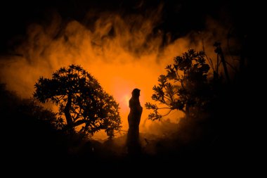 Korku Halloween kavramsal görüntü dekore edilmiştir. Işık gece ormanda yalnız kız. Kız gerçeküstü ışık arka plan ile ağaçları arasında ayakta silüeti. Seçici odak.