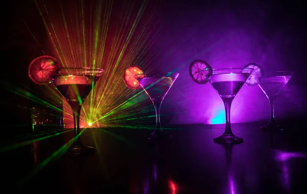 Several Glasses Famous Cocktail Martini Shot Bar Dark Toned Foggy — Stock Photo, Image