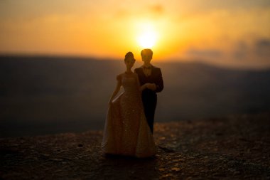 düğün çift heykel el ile akşam gökyüzü arka plan günbatımı sırasında tutan silüeti. Düğün kavramı. Seçici odak