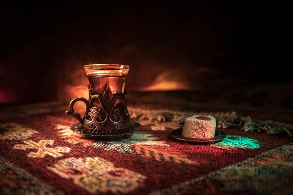 Arabian Tea Glass Eastern Snacks Carpet Dark Background Lights Smoke — Stock Photo, Image