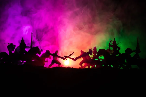 Cena Batalha Medieval Com Cavalaria Infantaria Silhuetas Figuras Como Objetos — Fotografia de Stock