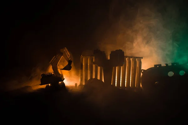 Construction Site City Street Yellow Digger Excavator Parked Night Construction — Stock Photo, Image