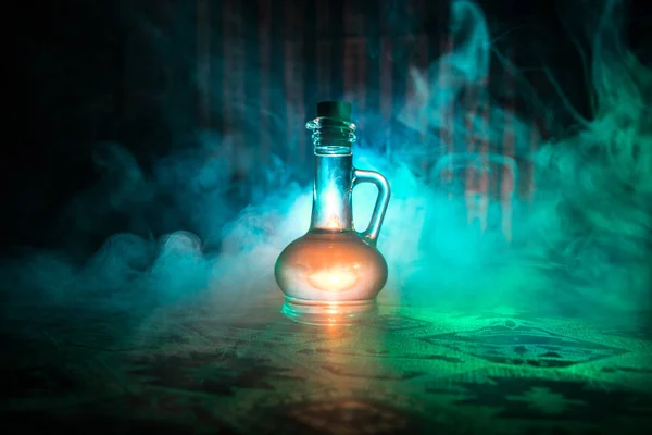 Antique Vintage Glass Bottle Dark Foggy Background Light Poison Magic — Stock Photo, Image