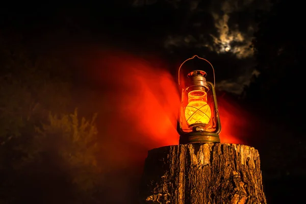Horror Halloween Concept Burning Old Oil Lamp Forest Night Night — Stock Photo, Image