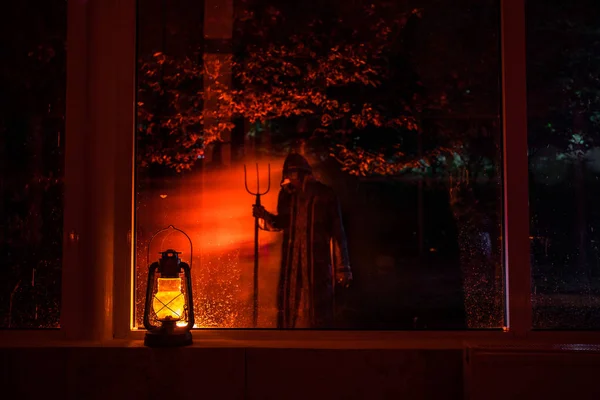 Horror Halloween Concept Burning Old Oil Lamp Standing Window Silhouette — Stock Photo, Image
