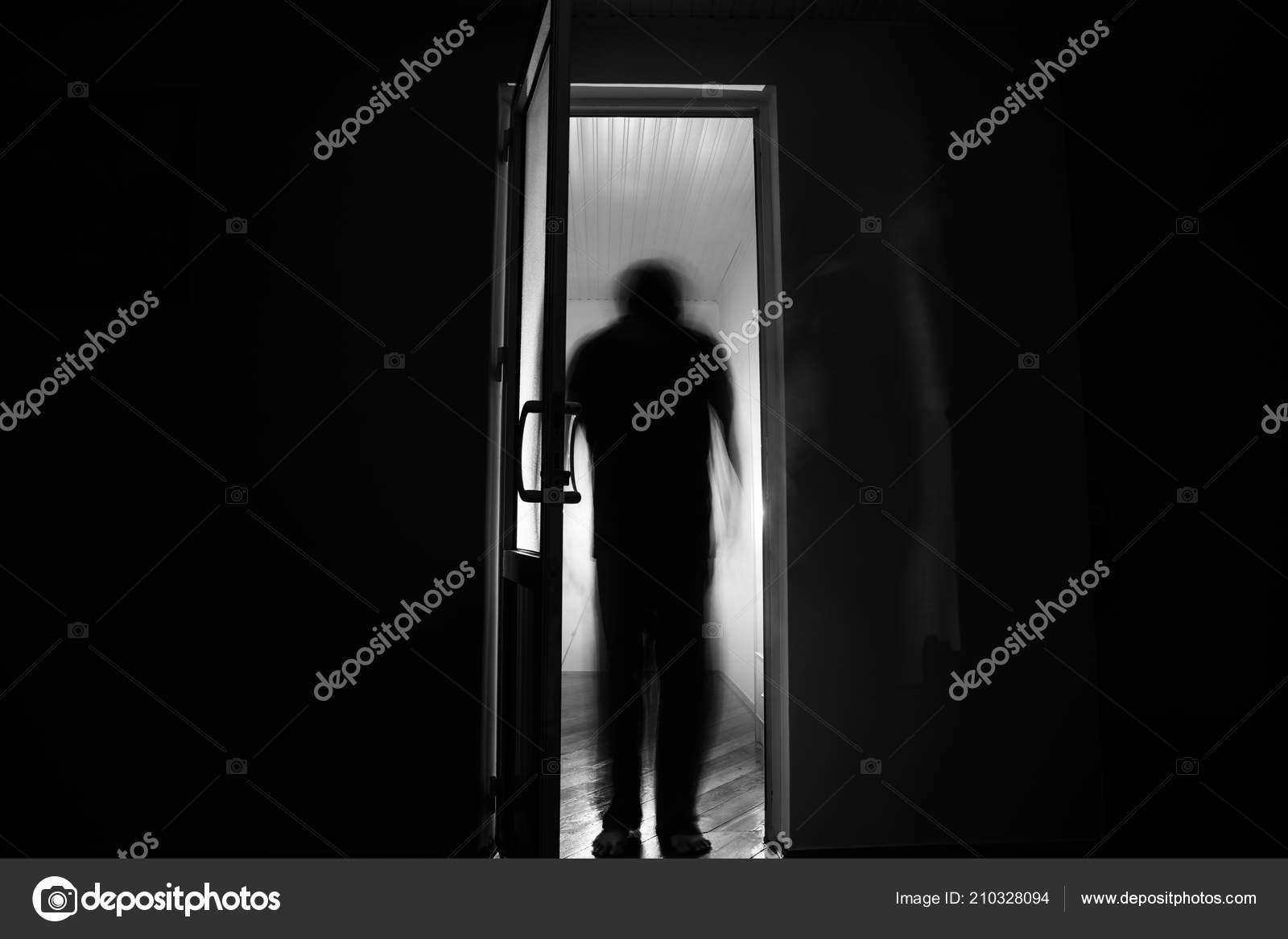 Silueta Una Figura Sombra Desconocida Una Puerta Través Una Puerta