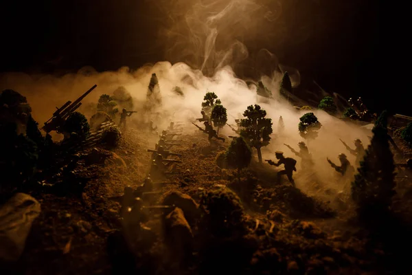 Concept Guerre Silhouettes Militaires Scène Combat Sur Fond Brouillard Guerre — Photo