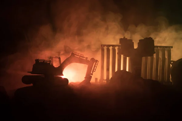 Baustelle Auf Einer Stadtstraße Ein Gelber Bagger Parkte Der Nacht — Stockfoto