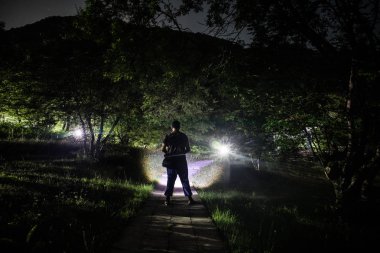 Adam gece ormanda silüeti. Işık ile karanlık ormanın içinde duran kişi silüeti. Karanlık gece ormanda. Gerçeküstü gece orman sahne. Korku Cadılar Bayramı kavramı.