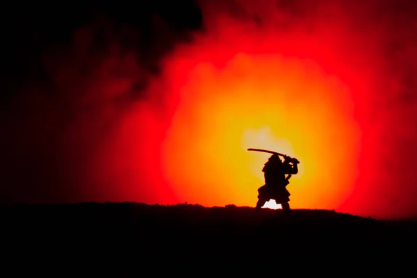 ソード シルエット天空忍者の戦闘機 暗いトーンの霧の背景の山の上に侍 選択と集中 — ストック写真