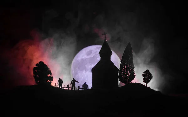 Eng Weergave Van Zombies Begraafplaats Dode Boom Maan Kerk Spooky — Stockfoto