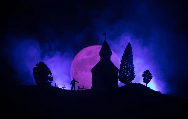 Eng Weergave Van Zombies Begraafplaats Dode Boom Maan Kerk Spooky — Stockfoto