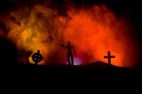 Vue Effrayante Des Zombies Cimetière Arbre Mort Lune Église Ciel — Photo